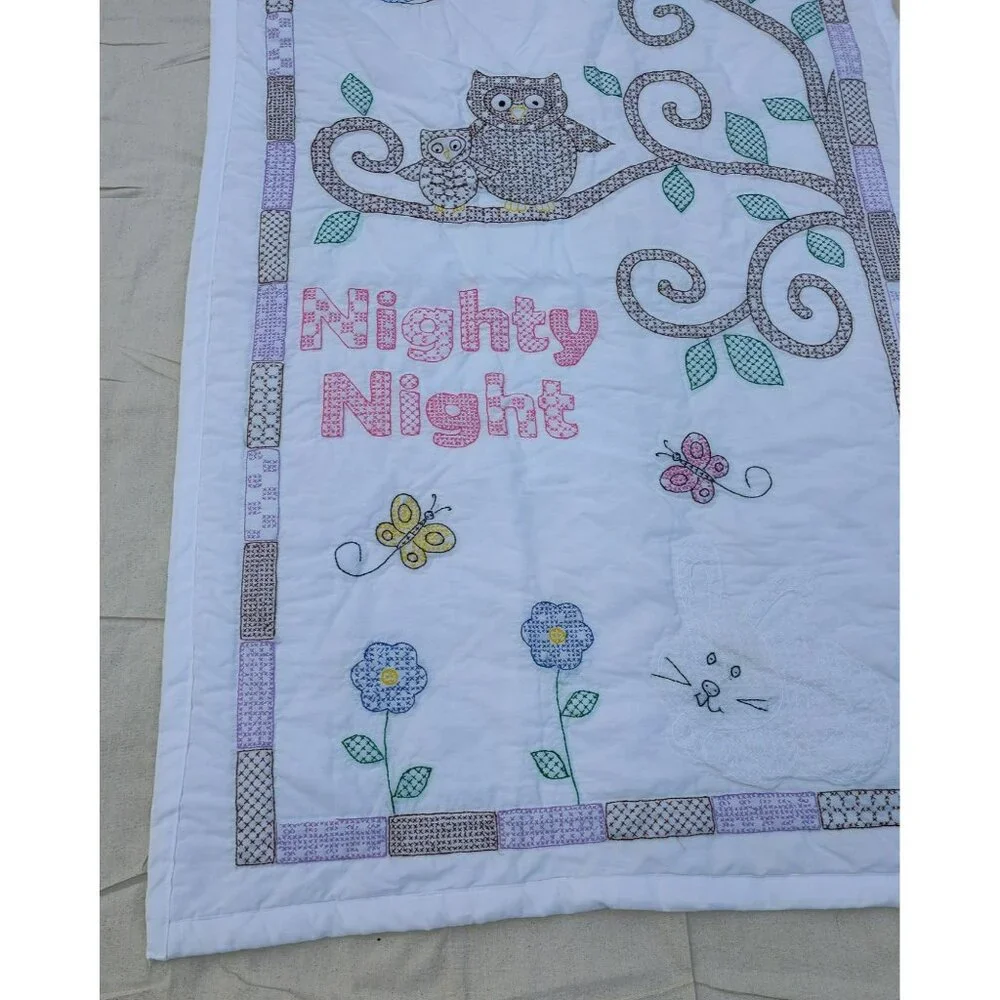 Handmade Baby Quilt, Embroidered Owl Flower Tree Nighty Night, White, 40